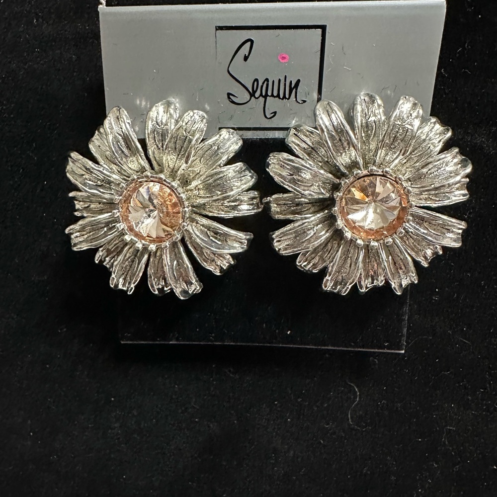 Silver Floral Sunburst Earrings with Crystal Center
